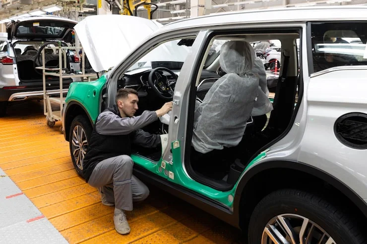 Technician repairing a dented panel at an best auto body work shop in Dubai facility