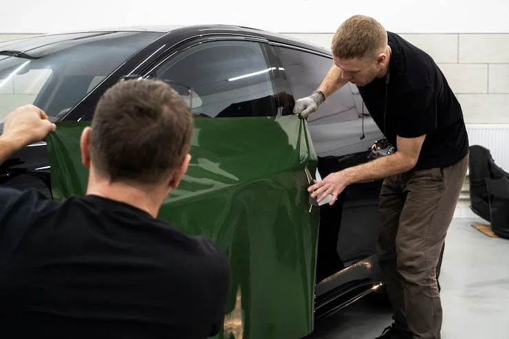 Ceramic window film installation during car window tinting service Dubai service